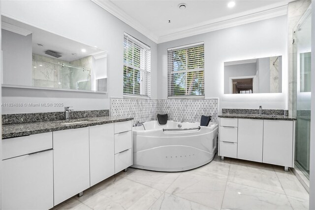 3610 SW 167th Ter, Miramar, FL 33027 - bathroom featuring crown molding, a stall shower, marble finish flooring, a bath, and two vanities