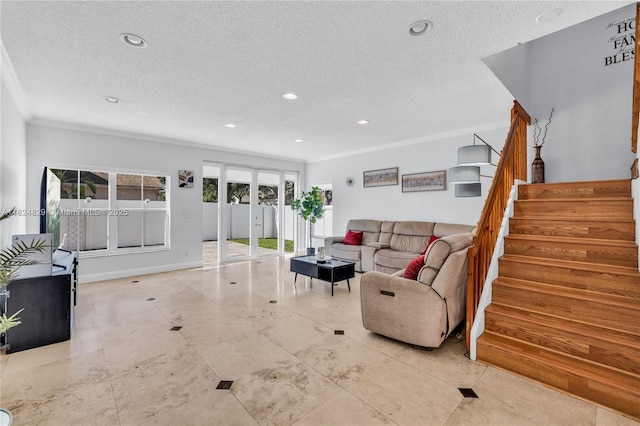 20709 NW 1st St, Pembroke Pines, FL 33029 - living room with french doors, a textured ceiling, stairs, ornamental molding, and recessed lighting