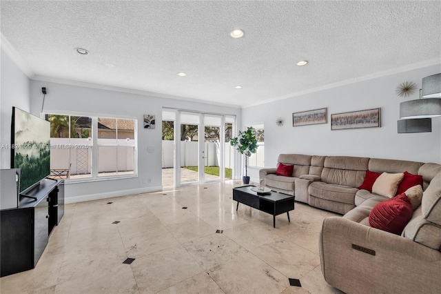 20709 NW 1st St, Pembroke Pines, FL 33029 - living room with ornamental molding, a textured ceiling, recessed lighting, and french doors