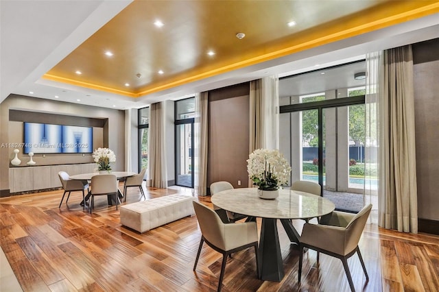 718 Valencia Ave Unit 204, Coral Gables, FL 33134 - dining space featuring a tray ceiling, wood finished floors, and recessed lighting