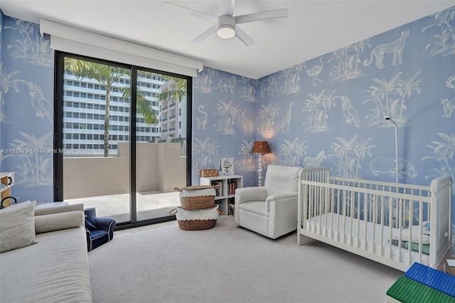 718 Valencia Ave Unit 204, Coral Gables, FL 33134 - bedroom with wallpapered walls, carpet flooring, and ceiling fan