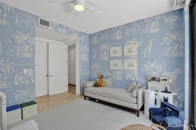 718 Valencia Ave Unit 204, Coral Gables, FL 33134 - living area with ceiling fan and wallpapered walls