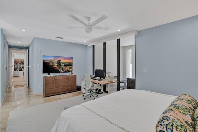 718 Valencia Ave Unit 204, Coral Gables, FL 33134 - bedroom with marble tiled flooring, a ceiling fan, recessed lighting, and a desk