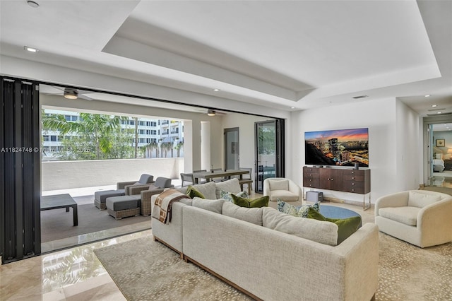 718 Valencia Ave Unit 204, Coral Gables, FL 33134 - living room with a raised ceiling, healthy amount of natural light, ceiling fan, and recessed lighting