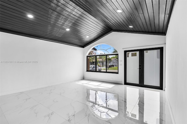 4660 W 8th Pl, Hialeah, FL 33012 - unfurnished room featuring marble finish flooring, recessed lighting, lofted ceiling, and wooden ceiling