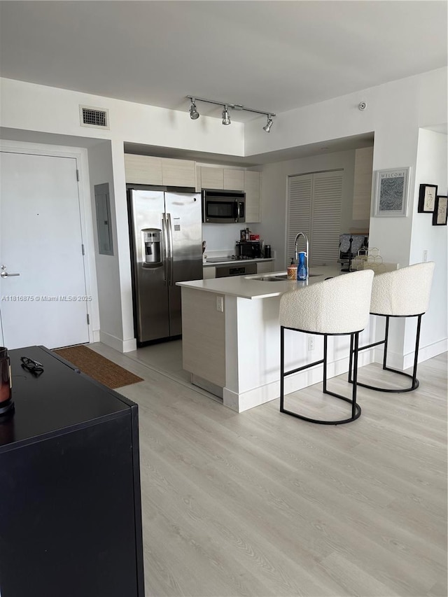 4250 Biscayne Blvd Unit 1618, Miami, FL 33137 - kitchen with appliances with stainless steel finishes, light wood-style floors, rail lighting, light countertops, and a kitchen bar