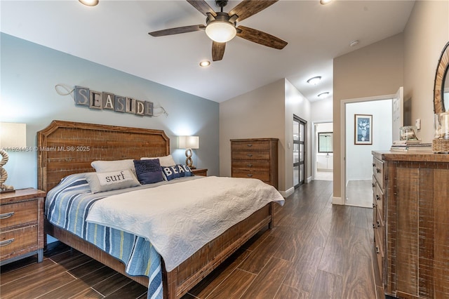 14295 NW 18th Pl, Pembroke Pines, FL 33028 - bedroom with recessed lighting, dark wood-style floors, ceiling fan, lofted ceiling, and ensuite bath
