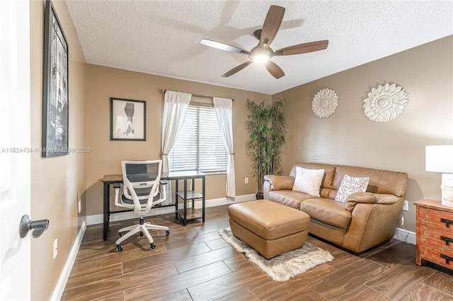 14295 NW 18th Pl, Pembroke Pines, FL 33028 - home office with a textured ceiling, a ceiling fan, and wood finished floors