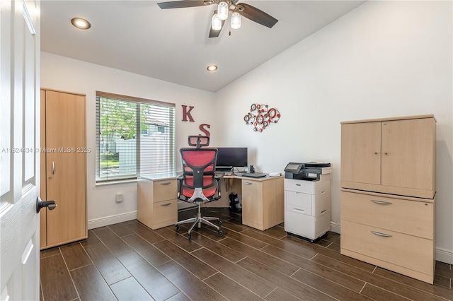 14295 NW 18th Pl, Pembroke Pines, FL 33028 - office space featuring wood tiled floors, lofted ceiling, ceiling fan, and recessed lighting