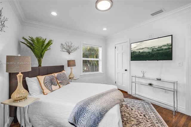 433 NE 91st St, Miami Shores, FL 33138 - bedroom featuring dark wood finished floors, ornamental molding, and recessed lighting