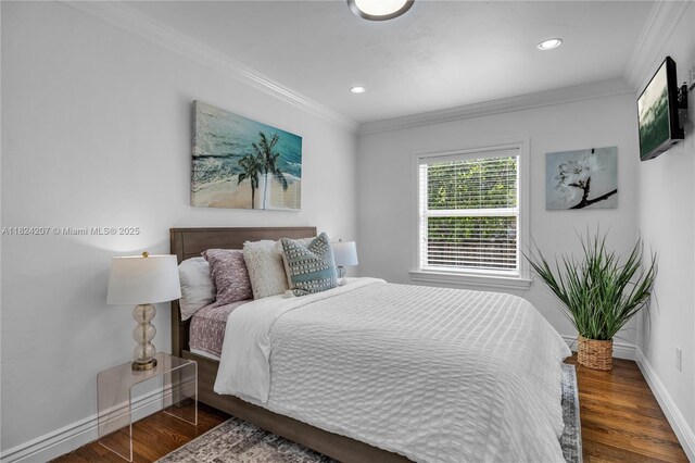 433 NE 91st St, Miami Shores, FL 33138 - bedroom with wood finished floors, recessed lighting, and crown molding