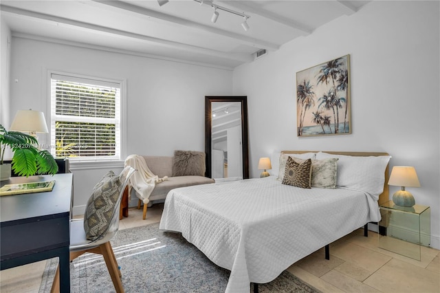 433 NE 91st St, Miami Shores, FL 33138 - bedroom with beamed ceiling and track lighting