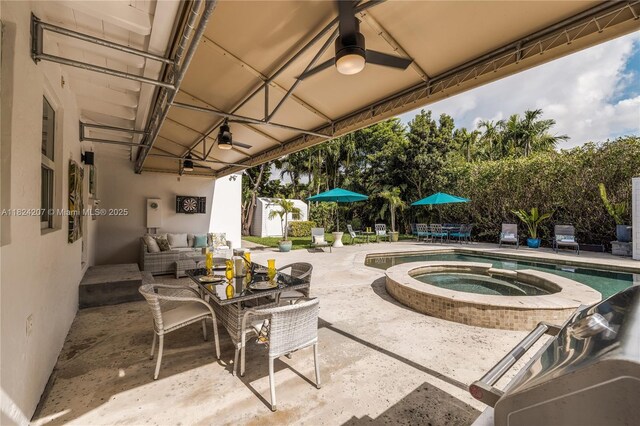 433 NE 91st St, Miami Shores, FL 33138 - view of patio with an outdoor living space, a ceiling fan, a pool with connected hot tub, and a storage unit