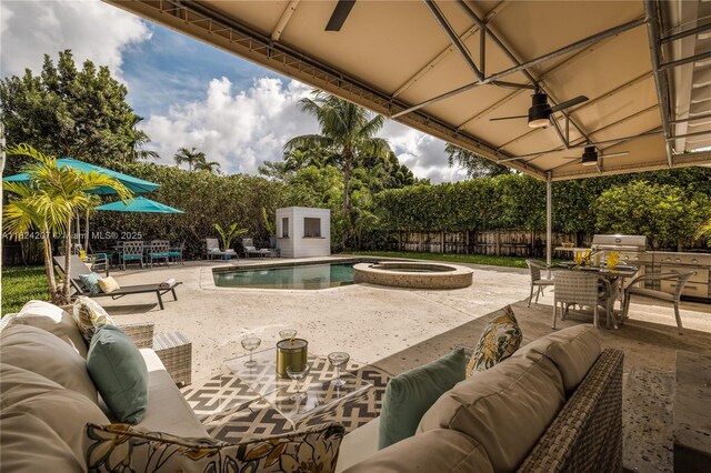 433 NE 91st St, Miami Shores, FL 33138 - view of patio / terrace with an outdoor living space, a pool with connected hot tub, grilling area, and outdoor dining area