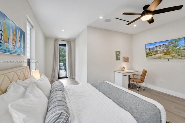 1101 NE 16th Ter Unit 1, Fort Lauderdale, FL 33304 - bedroom featuring light wood-style flooring, access to outside, recessed lighting, and ceiling fan