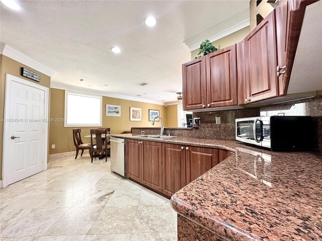 11360 NW 48th Ter, Doral, FL 33178 - kitchen featuring crown molding, stainless steel dishwasher, a peninsula, dark stone counters, and recessed lighting