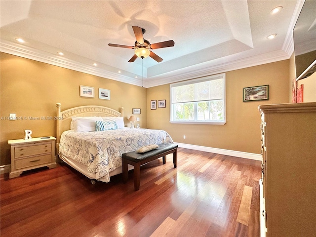 11360 NW 48th Ter, Doral, FL 33178 - bedroom featuring a tray ceiling, wood finished floors, ornamental molding, recessed lighting, and a ceiling fan