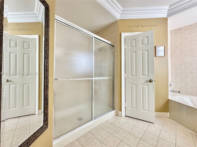 11360 NW 48th Ter, Doral, FL 33178 - bathroom with ornamental molding, tile patterned flooring, a stall shower, a textured ceiling, and a bath