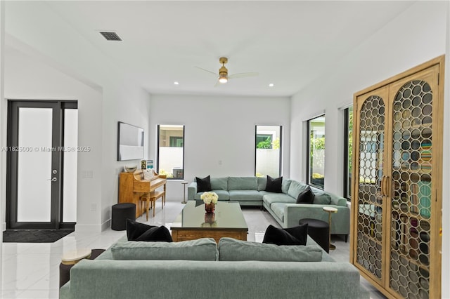 5840 E Brookfield Cir E, Hollywood, FL 33312 - living area with ceiling fan, recessed lighting, and marble finish floors