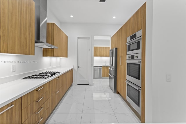 5840 E Brookfield Cir E, Hollywood, FL 33312 - kitchen with modern cabinets, stainless steel appliances, wall chimney range hood, brown cabinets, and recessed lighting