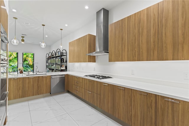 5840 E Brookfield Cir E, Hollywood, FL 33312 - kitchen with dishwasher, wall chimney exhaust hood, modern cabinets, and recessed lighting
