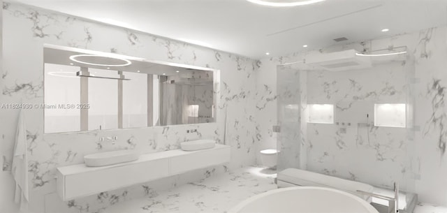 700 NE 26th Ter Unit Ph-02, Miami, FL 33137 - bathroom with a freestanding bath, double vanity, a marble finish shower, and marble finish floors