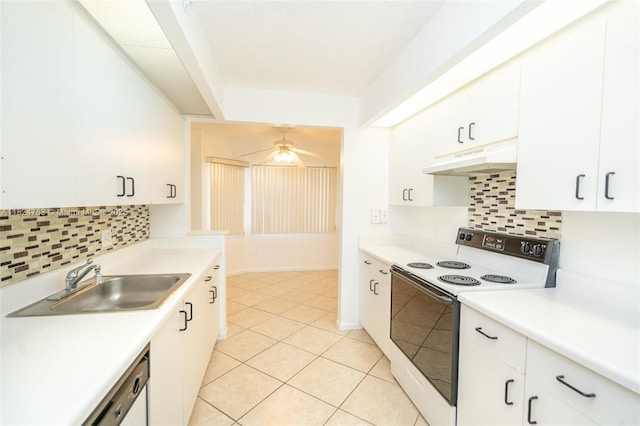 901 SW 141st Ave Unit 303M, Pembroke Pines, FL 33027 - kitchen featuring electric range, under cabinet range hood, backsplash, and white cabinets