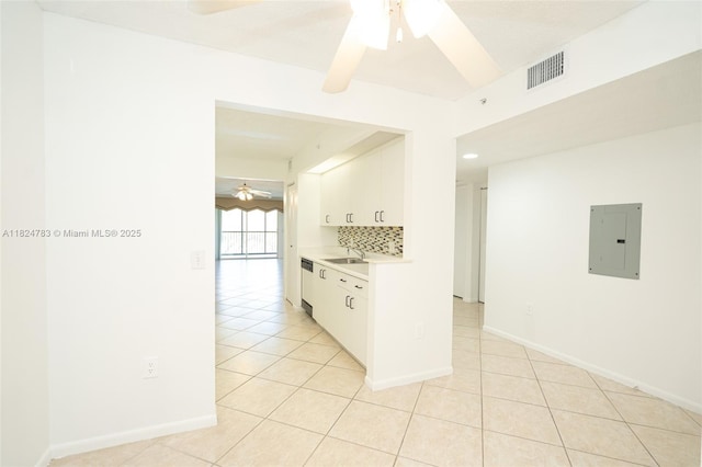 901 SW 141st Ave Unit 303M, Pembroke Pines, FL 33027 - kitchen featuring electric panel, a ceiling fan, light countertops, light tile patterned floors, and white cabinets