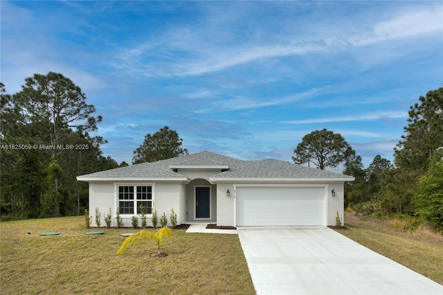 899 Brickell St SE, Palm Bay, FL 32909 - ranch-style home featuring a garage, stucco siding, driveway, a shingled roof, and a front yard