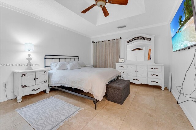 12350 NW 7th Trl, Miami, FL 33182 - bedroom featuring a raised ceiling, light tile patterned flooring, a ceiling fan, and ornamental molding