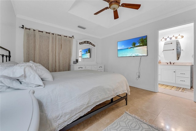 12350 NW 7th Trl, Miami, FL 33182 - bedroom with ornamental molding, light tile patterned flooring, a raised ceiling, connected bathroom, and a ceiling fan