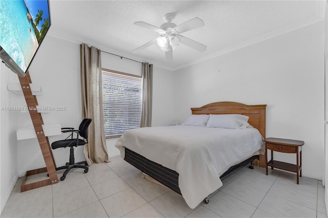 12350 NW 7th Trl, Miami, FL 33182 - bedroom featuring crown molding, a textured ceiling, light tile patterned flooring, and a ceiling fan