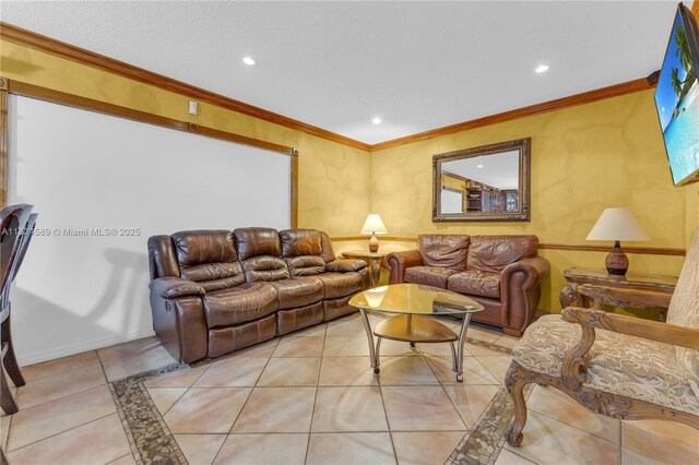 12350 NW 7th Trl, Miami, FL 33182 - living room featuring recessed lighting, crown molding, inlaid floor details, and light tile patterned flooring