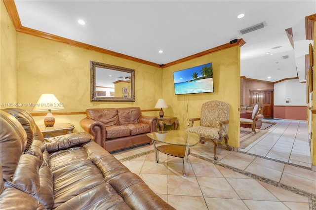 12350 NW 7th Trl, Miami, FL 33182 - living area with light tile patterned flooring, inlaid floor details, recessed lighting, and ornamental molding