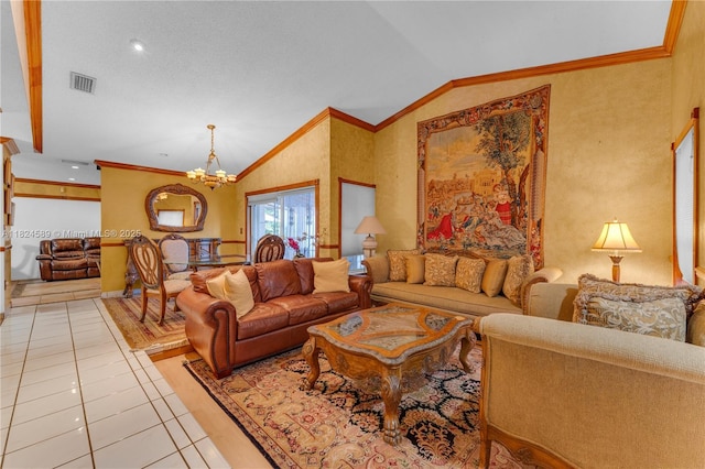12350 NW 7th Trl, Miami, FL 33182 - living room with vaulted ceiling, a chandelier, light tile patterned flooring, and crown molding