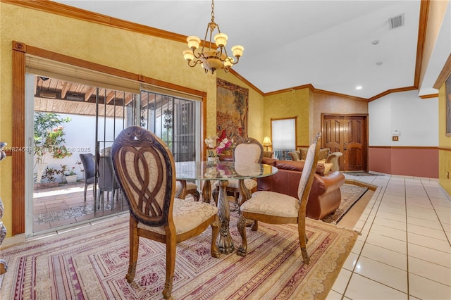 12350 NW 7th Trl, Miami, FL 33182 - dining area featuring a chandelier, vaulted ceiling, light tile patterned floors, and crown molding