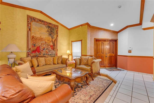 12350 NW 7th Trl, Miami, FL 33182 - living area featuring vaulted ceiling, light tile patterned floors, recessed lighting, and crown molding