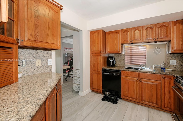 11700 Sheridan St, Pembroke Pines, FL 33026 - kitchen with black dishwasher, decorative backsplash, brown cabinetry, and stove