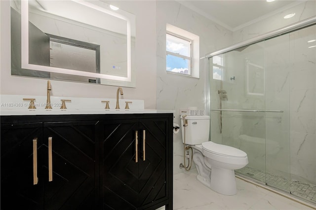 11700 Sheridan St, Pembroke Pines, FL 33026 - full bathroom featuring marble finish floors, vanity, a marble finish shower, and ornamental molding