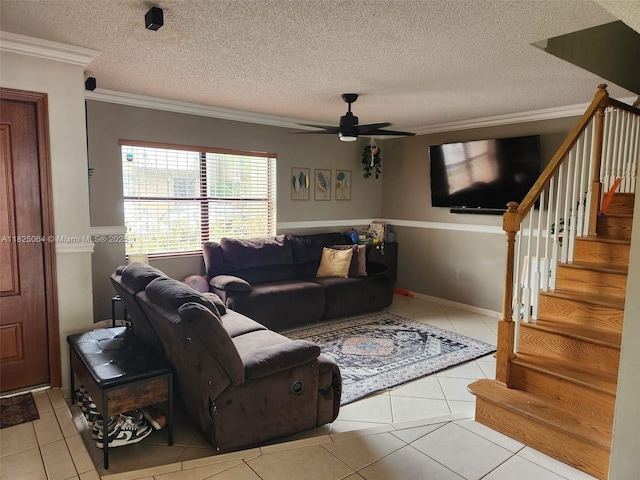 5328 W 26th Ave Unit 112, Hialeah, FL 33016 - tiled living room featuring crown molding, a ceiling fan, stairs, and a textured ceiling