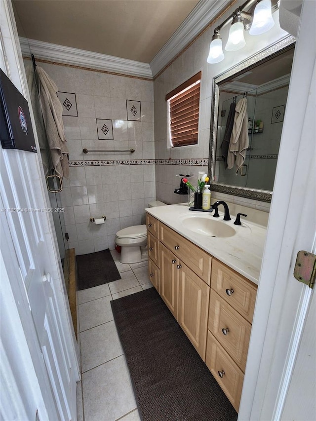 5328 W 26th Ave Unit 112, Hialeah, FL 33016 - bathroom featuring tile patterned floors, vanity, tile walls, ornamental molding, and a shower