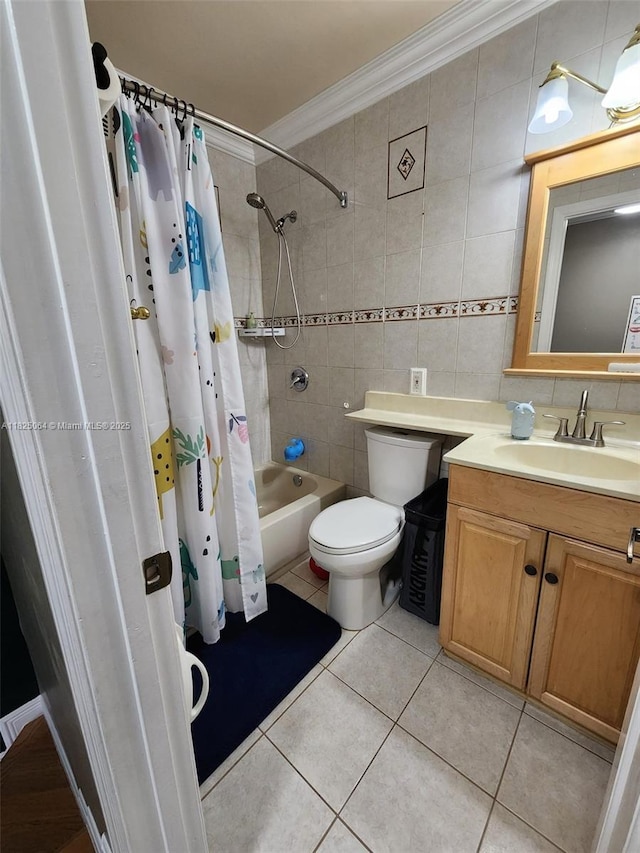 5328 W 26th Ave Unit 112, Hialeah, FL 33016 - bathroom with shower / bath combination with curtain, tile patterned floors, vanity, crown molding, and tile walls