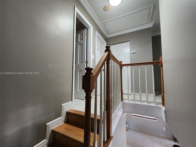 5328 W 26th Ave Unit 112, Hialeah, FL 33016 - stairs with crown molding, attic access, and tile patterned flooring