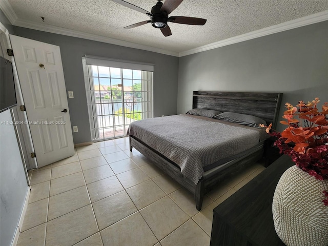 5328 W 26th Ave Unit 112, Hialeah, FL 33016 - bedroom featuring access to outside, ornamental molding, light tile patterned floors, ceiling fan, and a textured ceiling