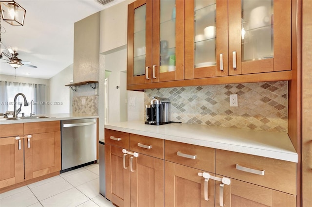 453 Lakewood Cir Unit A, Margate, FL 33063 - kitchen featuring dishwasher, light countertops, a ceiling fan, light tile patterned flooring, and tasteful backsplash