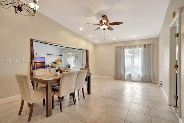 453 Lakewood Cir Unit A, Margate, FL 33063 - dining area with ceiling fan, a chandelier, vaulted ceiling, light tile patterned floors, and recessed lighting