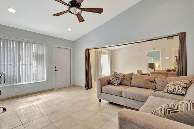 453 Lakewood Cir Unit A, Margate, FL 33063 - living area with ceiling fan, light tile patterned floors, high vaulted ceiling, and recessed lighting