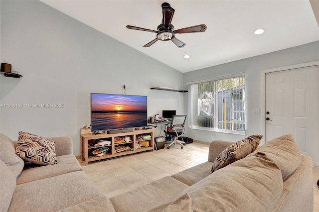 453 Lakewood Cir Unit A, Margate, FL 33063 - living room featuring a ceiling fan, vaulted ceiling, an office area, recessed lighting, and tile patterned floors