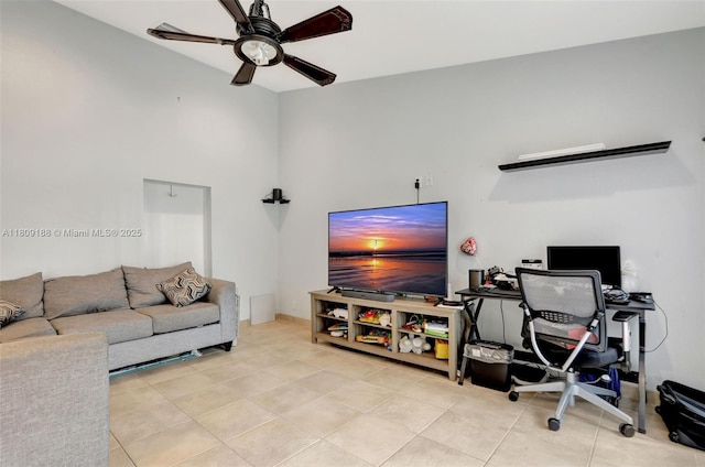 453 Lakewood Cir Unit A, Margate, FL 33063 - living area with ceiling fan, a high ceiling, an office area, and tile patterned floors