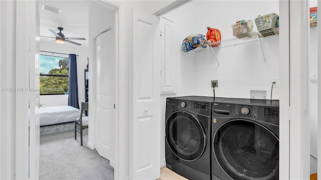 25564 SW 108th Ave, Homestead, FL 33032 - laundry area with washer and clothes dryer, carpet floors, and ceiling fan